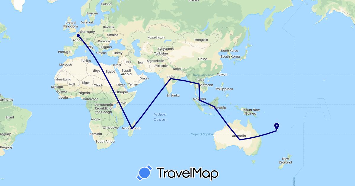 TravelMap itinerary: driving in Australia, France, Indonesia, India, Madagascar, Malaysia, New Caledonia, Thailand (Africa, Asia, Europe, Oceania)